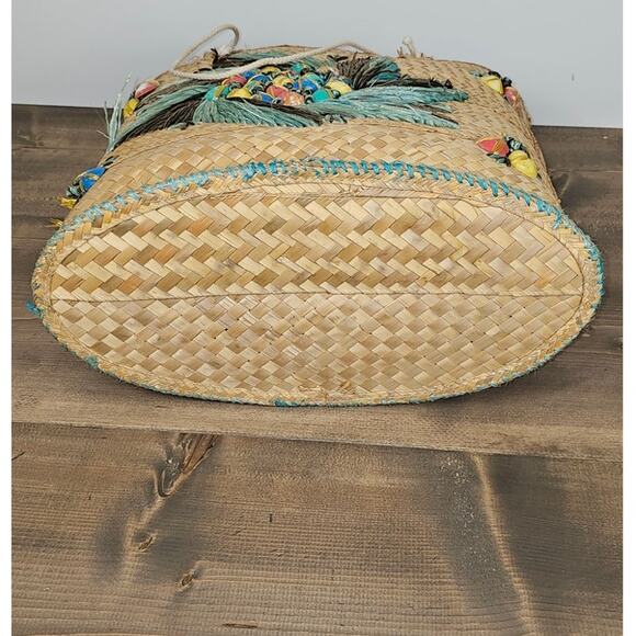 VTG 50s or 60s woven beach bag flat bottom rope handle some frays inside stains - Picture 5 of 11
